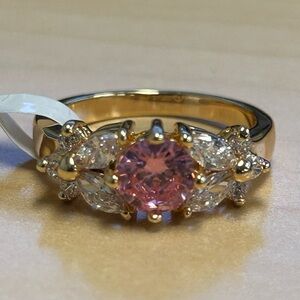 18K Gold Filled Pink CZ Ring | Size 6 | Sparkly Halo & Side Stones | NWOT
